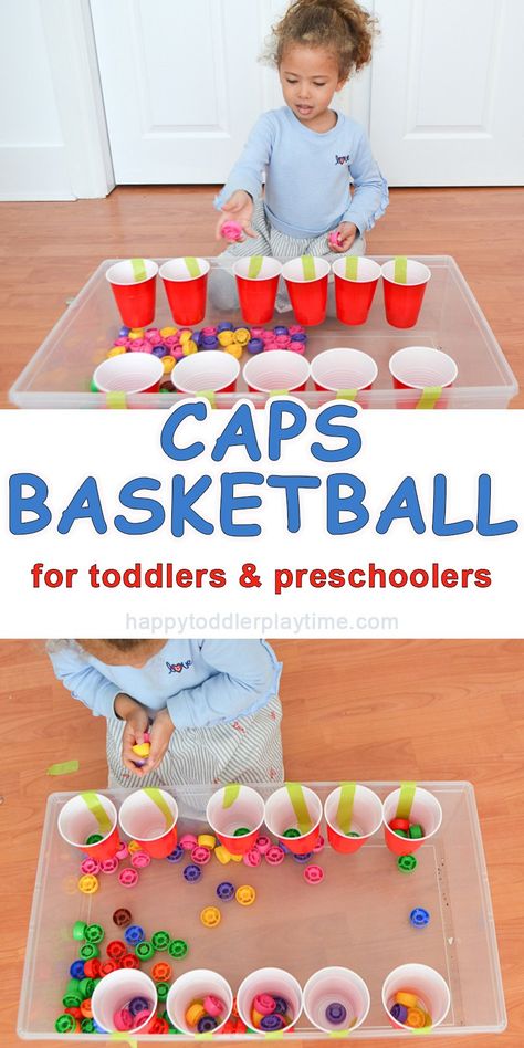 Caps Basketball – HAPPY TODDLER PLAYTIME Sport Themed Crafts, Sports Activities For Kids, Toddler Sports, Toddler Ideas, Toddler Classroom, Toddlers And Preschoolers, Daycare Crafts, Toddler Snacks, Toddler Art