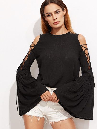 Black Lace Up Open Shoulder Bell Sleeve Crinkle Top Long Sleeve Loose Blouse, Flute Sleeve, Crinkle Top, Loose Blouse, Round Neck Tops, Ladies Dress Design, Long Blouse, Bell Sleeve, Open Shoulder