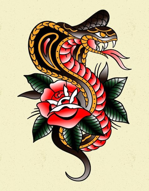 King Cobra Tattoo, Old School Tattoo Sleeve, Traditional Snake Tattoo, Traditional Tattoo Drawings, Cobra Tattoo, Traditional Tattoo Old School, Traditional Tattoo Inspiration, Traditional Style Tattoo, Tattoo Posters