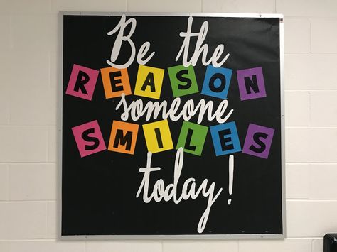 Library Bulletin Board inspired by a pinterest post!     Be the Reason Someone Smiles Today! by theteacherlibrarian.weebly.com Elementary School Office Bulletin Board Ideas, Be The Reason Someone Smiles Today Bulletin Board, Bultin Boards Ideas Classroom, School Hallway Bulletin Boards, Elementary Bulletin Board Ideas, Unique Bulletin Board Ideas, Inspirational Bulletin Boards, Office Bulletin Boards, November Bulletin Boards