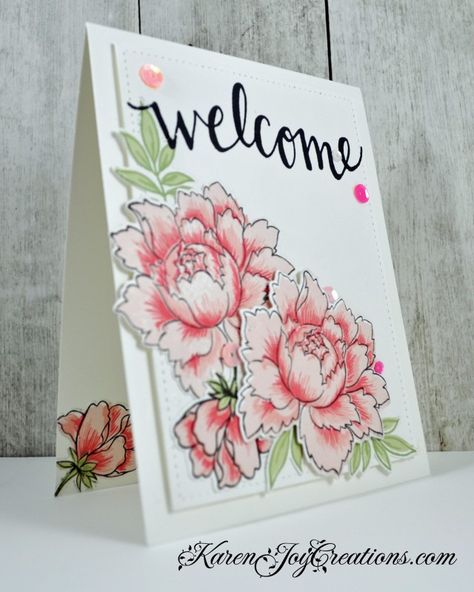 A Warm Welcome - Altenew Peony Bouquet Welcome Card Handmade, Welcome Cards Handmade, Handmade Welcome Cards, Welcome Greeting Cards Ideas, Welcome Card Ideas Handmade, Welcome Card Design, Welcome Card Ideas, Flowers Bouquet Peonies, Welcome To Your New Home Cards Handmade