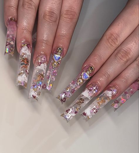 Cloud Acrylic Nails, Square Nails Glitter, Nails Long Square, Fairy Nails, Nails Kawaii, Glossy Nails, Nails Clear, Encapsulated Nails, Angel Nails