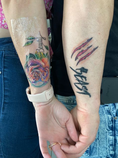 Color Couple Tattoos, Beauty Beast Tattoo Couples, Beauty And Beast Couple Tattoo, Beauty And The Beast Couples Tattoo, Beauty And The Beast Tattoo Couples, His Beauty Her Beast Tattoo, His And Her Tattoo Ideas Couple Tat Unique, Beauty And Beast Tattoo, Couples Tats