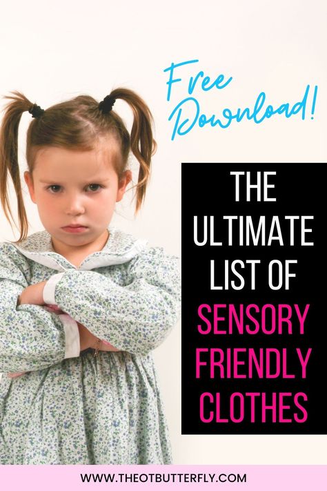 Looking for the perfect list of sensory sensitive clothes for kids? Parents, this free download contains all you need to know about where to find sensory friendly clothes, solutions for sensory issues with clothes, sensory friendly brands and websites. Socks, shoes, pajamas, tops, bottoms, underwear, masks and more! Download your free copy today and find great clothes for kids with sensory issues! Sensory Sensitive Clothing, Sensory Friendly Clothing, Sensory Friendly Outfits Adults, Sensory Sensitive, Babysitting Ideas, Sensory Diet, Body Sock, Pediatric Occupational Therapy, Adaptive Clothing