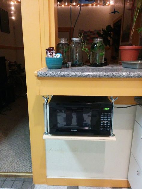 Hanging Microwave Shelf : 5 Steps (with Pictures) - Instructables Hanging Microwave, Under Cabinet Shelf, Small Kitchen Appliance Storage, Compact Microwave, Coffee Cups Diy, Stacking Shelves, Microwave Shelf, Kitchen Appliance Storage, Kitchen Utensil Organization