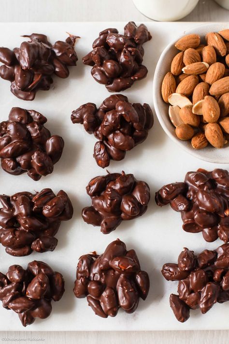 Chocolate Covered Almonds - Wholesome Patisserie Chocolate Covered Almonds Recipe, Almond Clusters, Edible Candy, Nut Clusters, Chocolate Clusters, Chocolate Covered Almonds, Chocolate Covered Fruit, Meal Prep Snacks, Food Appetizers