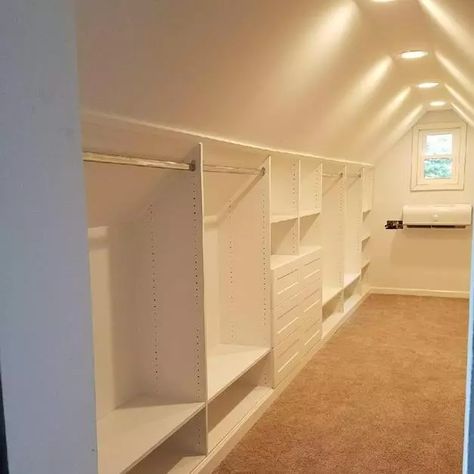 Attic Closet Room, Pitched Roof Closet Ideas, Attic Closet Makeover, Attic To Closet Conversion, Small Attic Walk In Closet, Walk In Attic Closet, A Frame Closet, Attic Bedrooms Ideas, Attic Closet Ideas Angled Ceilings