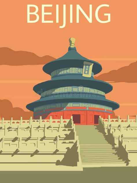 Illustration about Beautiful sunset view temple of Heaven in Beijing China illustration vintage style concept for travel poster. Illustration of tourist, poster, religion - 169242965 Tourist Poster, Shanghai China Travel, China Poster, Illustration Of People, Temple Of Heaven, Poster Vintage Retro, China City, Skyline Painting, Wave Illustration