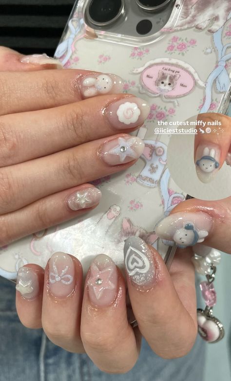 Y2k Fashion Nails, Korean Nail Art Pastel, 3d Miffy Nails, Miffy Nails Short, Y2k Nails Aesthetic, Miffy Nail Art, Korean 3d Nail Art, Aesthetic Y2k Nails, Harajuku Nails