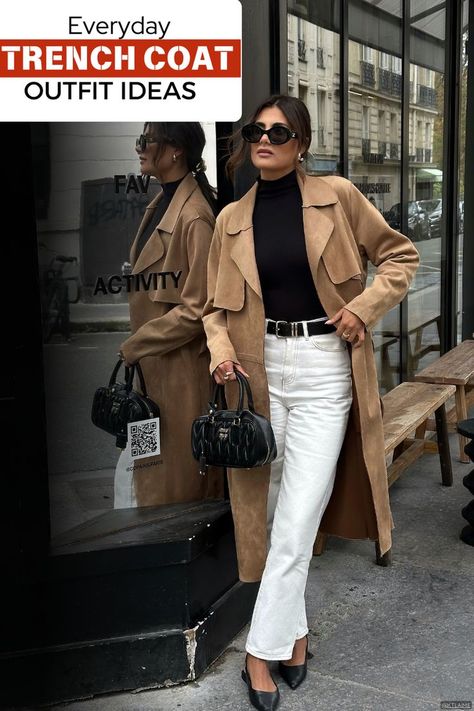 Trench Coat Outfit Ideas Trench Coat Classy Outfit, Women’s Trench Coat Outfits, Women’s Trench Coat Outfit, Trendy Trench Coat Outfit, Spain Winter Outfits, Trendy Trench Coat, Trench Coat Styling, Trench Coat Outfit Ideas, Coat Outfit Ideas