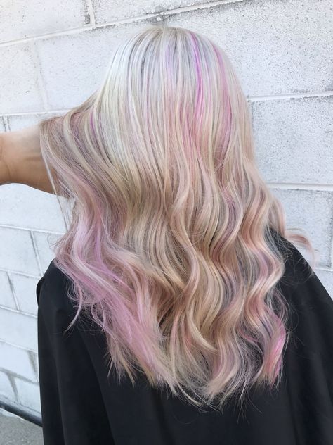 Blonde Balayage With Pink Highlights, Light Pink Highlights In Blonde Hair, Blonde Hair With Pink Peekaboos, Hex Hall, Pink And Blonde Hair, Blonde Hair With Pink, Baby Pink Hair, Blue And Pink Hair, Blonde Hair With Pink Highlights