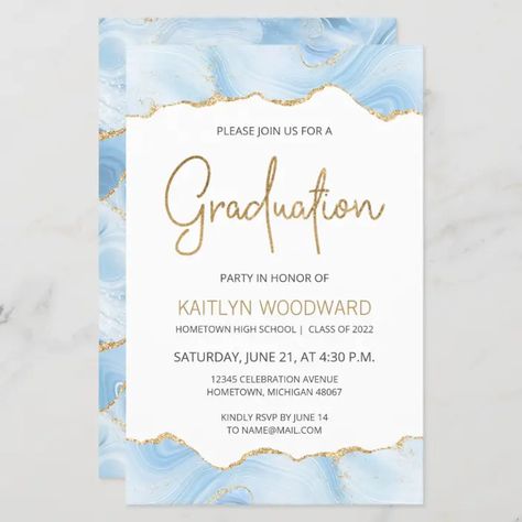 Budget Light Blue Agate Graduation Party Invite | Zazzle.com Retirement Invitation Card, Blue Graduation Party, Modern Handwriting, Watercolor Graduation, Retirement Invitations, Graduation Party Themes, Blue Graduation, Grad Invitations, Shades Of Light Blue