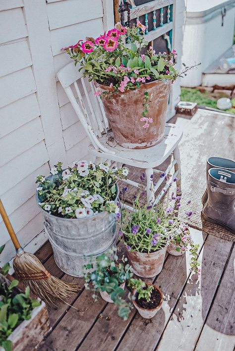 Quick and easy DIY Aging Terra-cotta Flower pots to look like real french antiques. The perfect little DIY to kick off the growing season! This is such an easy affordable DIY craft! Planting Flowers In Pots, Age Terra Cotta Pots, Front Porch Flower Pots, Aging Terra Cotta Pots, Flowers In Pots, Backyard Garden Diy, Porch Flowers, Potted Flowers, Terracotta Flower Pots