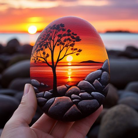 33 Inspirational Ideas for Rock Painting Landscapes - In The Playroom Painting On Pebbles Stone Art, Sunrise Rock Painting, Painted Rock Landscaping Ideas, 3d Painted Rocks, Paint On Stone, Beautiful Painted Rocks, Painting On Stones Ideas, Painting On Stones And Rocks, Cute Stone Painting