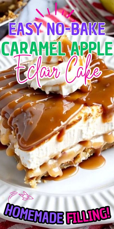 No-Bake Caramel Apple Eclair Cake is the perfect treat for those who crave something sweet and delicious without the hassle of baking. This dessert is incredibly easy to make and is sure to impress your family and friends. Join me in creating this delightful no-bake Caramel Apple Eclair Cake, No Bake Lemon Eclair Cake, Apple Eclair Cake, Apple Eclair, Eclair Cakes, Baked Caramel Apples, No Bake Eclair Cake, Homemade Vanilla Pudding, Caramel Apples Homemade