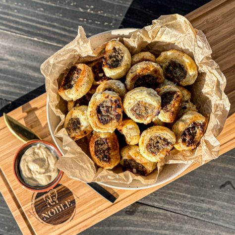 Bison Sausage Rolls | Noble Premium Bison Sausage Appetizers, Ground Bison, Appetizer Platters, Sausage Rolls, Dry Mustard, How To Cook Sausage, Saute Onions, Fennel Seeds, Chef Recipes