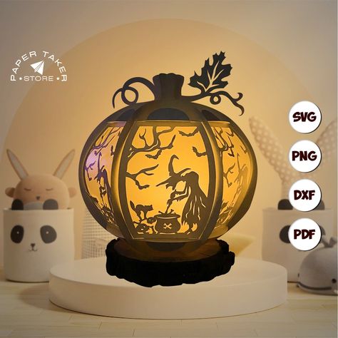 Witch Halloween Light Box SVG For Cricut Projects, Halloween Paper Pumpkin Lantern Night Light SVG Template 3d Cricut, Shadow Light Box, Silhouette Paper, Paper Box Template, Lantern Christmas, 3d Shadow Box, Paper Light, Pumpkin Lights, Halloween Lights