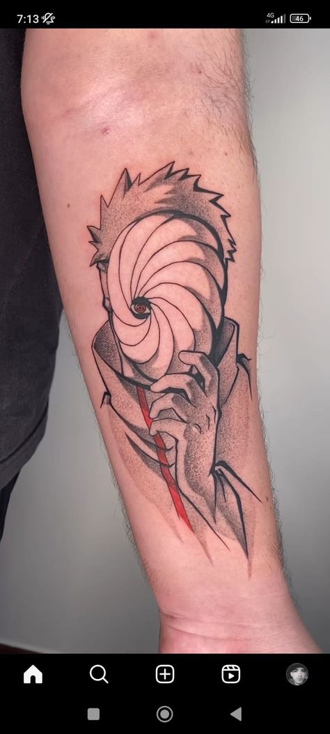 Obito Small Tattoo, Small Sasuke Tattoo, Metal Gear Solid Tattoo Ideas, Solo Leveling Tattoo Design, Naruto X Obito, Obito Uchiha Tattoo Ideas, Naruto Shippuden Tattoo Ideas, Obito Tattoo Ideas, Bullish And Bearish Logo