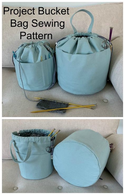 Sewing pattern for a project bucket bag. Easy to sew project bag pattern for a knitting, crochet or craft bag to sew. Project organizer bag sewing pattern. Knitting bag sewing pattern. Bucket bag sewing pattern. Easy bag pattern to sew for beginners. #BucketBagPattern #SewModernBags #EasyBagSewingPattern #EasySewingPattern #BagSewingPattern Bucket Bag Sewing Pattern, Project Bag Pattern, Knitting Bag Sewing Pattern, Knitting Bag Sewing, Bucket Bag Pattern, Easy Bag, Diy Sy, Knitting Bag Pattern, Bag Sewing Pattern