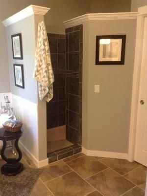 Love the no glass, no squeegee design of this shower. Shower Tiling, Floorplan Ideas, Bathroom Makeovers, Dream Goals, Hiding Places, Basement Bathroom, Laundry In Bathroom, Bathroom Tile, Bathroom Style