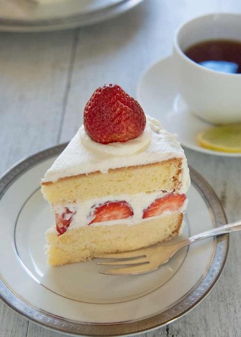 Japanese Strawberry Sponge Cake (Strawberry Shortcake) cut to a serving size. Japanese Sponge Cake Recipe, Japanese Sponge Cake, Japanese Strawberry Shortcake, Strawberry Sponge Cake, Strawberry Sweets, Sponge Cake Recipe, Strawberry Shortcake Cake, Japanese Cake, Cake Strawberry