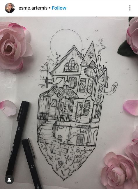 Tattoos Line Art, Haunted House Tattoo, Underarm Tattoo, Halloween Tattoos Sleeve, Tattoo Halloween, House Tattoo, Hp Tattoo, Castle Tattoo, Mom Tattoo Designs