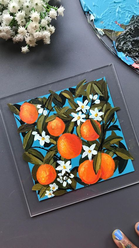 Orange Acrylic Painting Ideas, Orange Fruit Painting Acrylic, Acrylic Orange Painting, Orange Painting Acrylic, Painting On Glass Sheet, Painting On Acrylic Sheets, Orange Aesthetic Painting, Paint On Acrylic Sheet, Acrylic Sheet Art