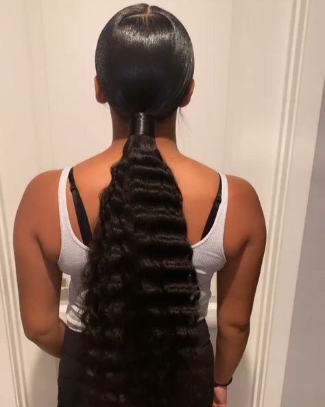 Crimped Low Ponytail, Crimped Slick Ponytail, Crimp Ponytail Black Women, Ponytail With Crimps, Crimp Ponytail, Ponytail Hairstyles Middle Part, Crimped Ponytail, Middle Part Sleek Ponytail, Middle Part Ponytail