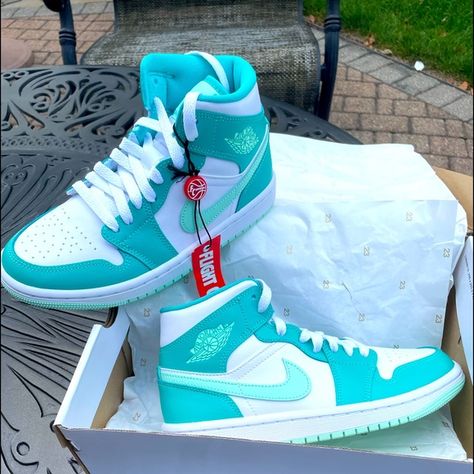 Women’s Marine Green Air Jordans 1 Colourful Jordans, Marine Green Jordans Outfit, Air Jordan Green, Marine Green Jordans, Cute Jordans For Women Green, Air Jordans Womens Green, Seafoam Jordans, Mint Jordans, Aqua Jordans