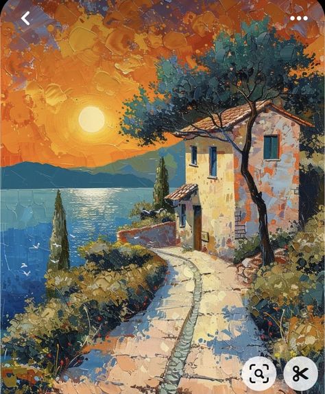 Mountain Sunset Painting, Sea Backdrop, Sea Landscape Painting, Oasis Poster, Hill Painting, Mediterranean Paintings, Peaceful Countryside, House Coastal, House Poster