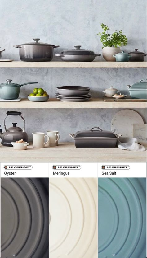 Le Creuset Display, Small Kitchen Decoration Ideas, Modern Kitchen Layout, Small Kitchen Decoration, Le Crueset, Le Creuset Kitchen, Le Creuset Colors, Kitchen Decoration Ideas, Colourful Kitchen