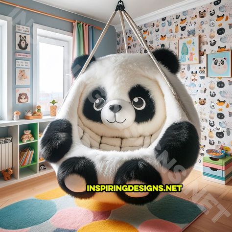 These Hanging Animal Shaped Loungers Are A Wild Addition to Your Kids Bedroom! Swings For Living Room, Purple Panda Bedroom, Cartoon Room Design, Panda Home Decor, Panda Furniture, Bedroom Decor For Kids, Panda Bedroom Ideas, Panda Things, Panda Room