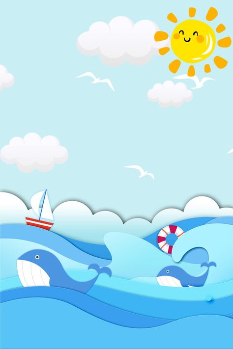 Paper Waves, Whale Wallpaper, Sea Whale, Blue Background Wallpapers, Ocean Kids, Kids Background, Beach Wave, Summer Illustration, Summer Beach Party