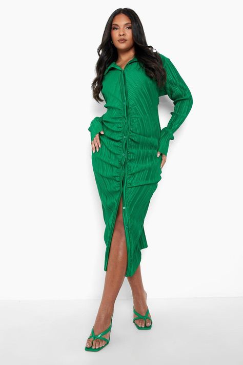 Plus Plisse Midi Ruched Shirt Dress | boohoo Ruched Shirt Dress, Modest Dresses For Women, Ruched Shirt, Easter Fashion, Big Hug, Boohoo Dresses, Bodycon Fashion, Midi Shirt Dress, 70 Dress