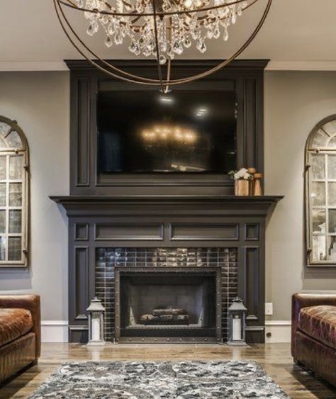 Black Fireplace Mantel, Dark Fireplace, Black Brick Fireplace, Fireplace Accent Walls, Fireplace Trim, Craftsman Fireplace, Fireplace Mantel Designs, Black Living Room Decor, Fireplace Bookshelves