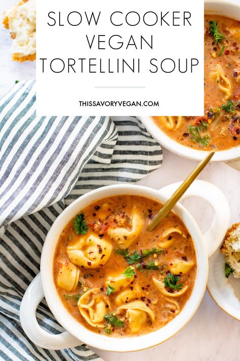 Fall Vegan Dinner, Vegan Slow Cooker Soup, Sausage Cheese Tortellini, Tortellini Soup Crockpot, Vegan Tortellini, Slow Cooker Tortellini Soup, Vegetarian Gourmet, Slow Cooker Vegan, Vegan Slow Cooker Recipes