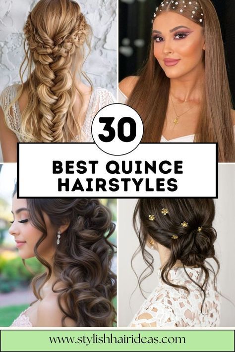 Turn heads at your quinceañera with these 30 elegant hairstyles! Perfect for adding charm, grace, and sophistication to your big day. #QuinceHairIdeas #CelebrationHair #StylishHairstyles Bautizo Hairstyle, Quince Guest Hairstyles, Quinceanera Hairstyles Shorthair, Special Event Hairstyles, Festival Hair Trends, Grunge Haircut, Red Hair Inspiration, Up Hairdos, Quince Hairstyles With Crown