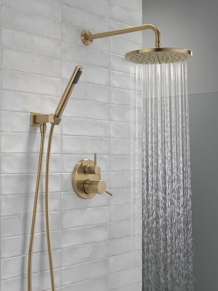 View Full Modern™ Bathroom Collection Delta Trinsic Shower System, Primary Bathroom Gold Fixtures, Antique Bronze Shower Fixtures, Delta Vero Shower System, Delta Gold Shower Fixtures, Brushed Gold Shower System, Sink Hardware Bathroom, Gold Bathroom Shower Fixtures, Gold Shower Fixtures Master Bath