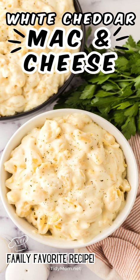 If what you’re craving is an indulgent White Cheddar Mac And Cheese that requires the most minimal effort, you’ve come to the right place! This easy recipe is basically pasta perfection with its perfectly tender noodles enveloped in the most irresistible creamy cheese sauce. PRINTABLE RECIPE at TidyMom.net Cheddar Mac And Cheese Recipe, White Cheddar Mac And Cheese, White Mac And Cheese, Main Dish Salad Recipes, Ultimate Mac And Cheese, Mac And Cheese Sauce, Creamy Cheese Sauce, Cheddar Mac And Cheese, Homemade Comfort Food