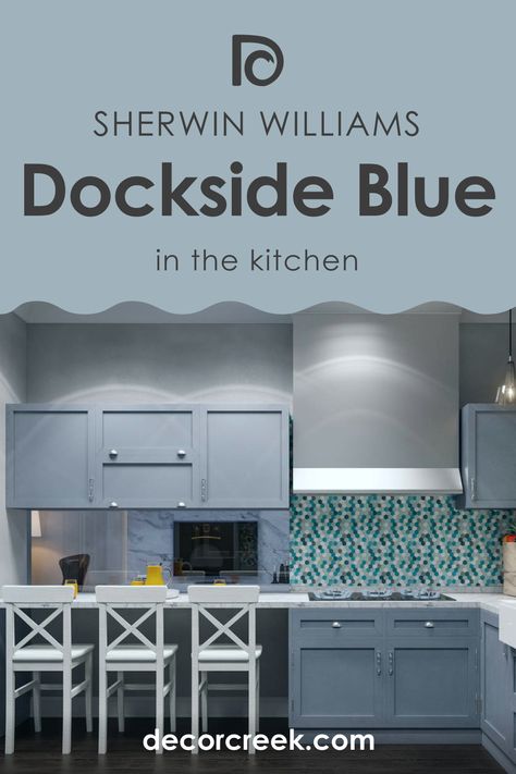 Sw Dockside Blue, Dockside Blue Sherwin Williams, Blue Sherwin Williams, Blue Kitchen Paint, Dockside Blue, Sherwin Williams Blue, Blue Kitchen Walls, Modern Coastal Decor, Blue Kitchen Cabinets