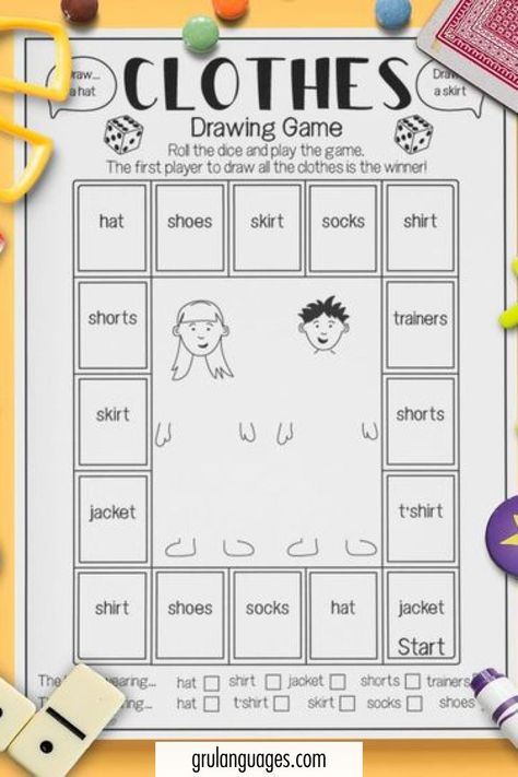 Esl Clothes, Clothes Worksheet, English Games For Kids, Game Worksheet, Speaking Games, Game Drawing, Esl Kids, English Clothes, Clothes Drawing