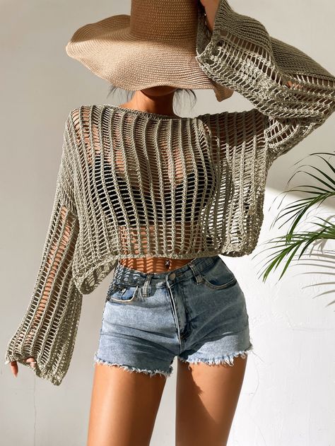 SHEIN ICON Open Knit Bell Sleeve Sheer Sweater Without Bra | SHEIN USA Mesh Top Outfit, Knit Bell Sleeve, Crop Pullover, Without Bra, Sheer Sweater, Mode Crochet, Mesh Tops, Sweater Layering, Paris Woman