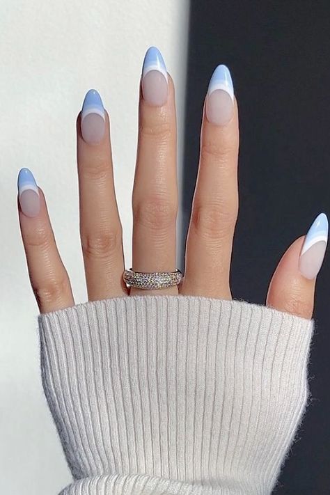 Light Blue Nail Designs, Sky Blue Nails, Blue Ombre Nails, Blue And White Nails, Blue French Tips, Pastel Nails Designs, Light Blue Nails, Baby Blue Nails, Blue Acrylic Nails