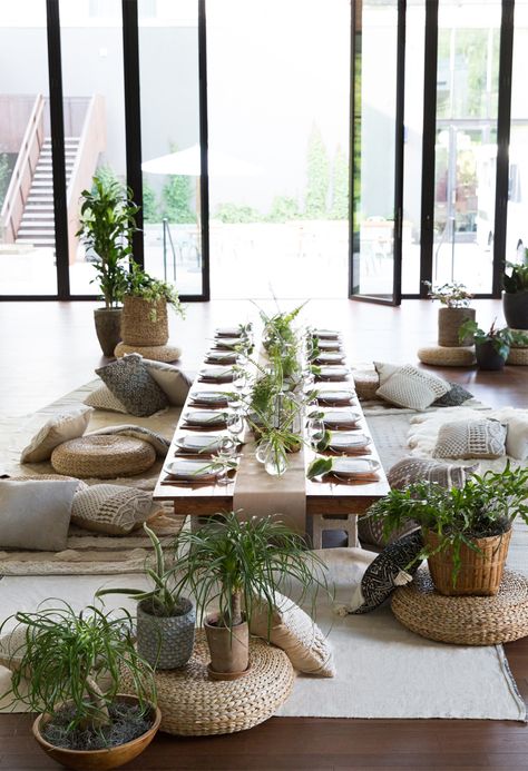 amazing dinner party setup. love the floor pillows—A Modern Botanical Dinner Party Design Marocain, Tafel Decor, Pallet Patio, Lobby Bar, Party Setup, Floor Table, Floor Seating, Long Table, On The Floor