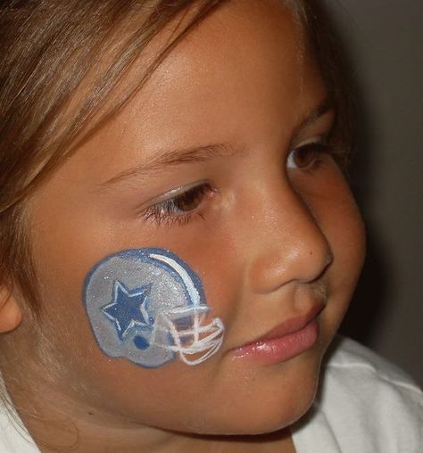 face painting of Dallas Cowboys Helmet -- Just switch out the colors for any team Dallas Cowboys Sugar Skull, Dallas Cowboys Makeup, Fan Face Paint, Football Face Paint, Dallas Cowboys Helmet, Sugar Skull Face Paint, Helmet Painting, Go Cowboys, Sugar Skull Painting