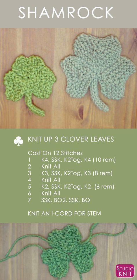 How to Knit a Shamrock Clover for St. Patrick's Day with Easy Free Knitting Pattern + Video Tutorial by Studio Knit Knitting Help, Studio Knit, Beginner Knitting Patterns, Needle Felting Tutorials, Knitting Blogs, Dishcloth Pattern, Quick Knits, I Cord, Knitted Flowers