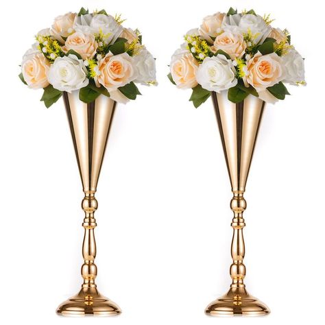 2 Pcs Tabletop Metal Wedding Flower Trumpet Vase, Table Decorative Centerpiece, Artificial Flower Arrangements for Anniversary Ceremony Party Birthday Event Aisle Home Decoration (Gold) Trumpet Vase Centerpiece, Gold Vase Centerpieces, Wedding Flower Vase, Tall Flower Vase, Wedding Vase Centerpieces, Wedding Party Table Decorations, Gold Centerpieces, Gold Vases, Wedding Vases