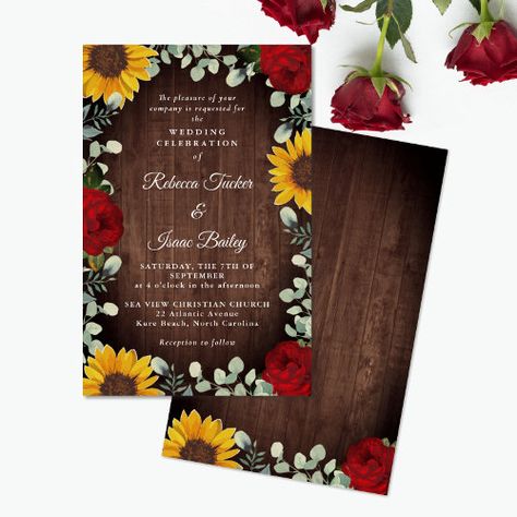 Sunflowers Eucalyptus Red Rose Wood Budget Wedding #zazzle #weddinginvitations #birthdayinvitations #babyshowerinvitations #zazzleinvitations #monogram #businesscards #graduation #homedecor Red And Yellow Wedding Theme, Sunflower And Rose Wedding, Red Roses And Sunflowers, Fall Sunflower Weddings, Sunflower Weddings, Rose Wedding Theme, Small Outdoor Wedding, Elegant Wedding Bouquets, Yellow Wedding Theme