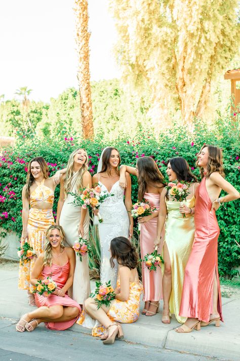 Non Matching Bridesmaid Dresses Spring, Modern Summer Wedding Colors, Vibrant Wedding Bridesmaids, Sunset Colored Bridesmaid Dresses, Colorful Boho Bridesmaid Dresses, Colorful Wedding Bridesmaids Dress Ideas, Summer Color Bridesmaid Dresses, Variety Bridesmaid Dresses, Mix Match Bridesmaids Dresses Spring