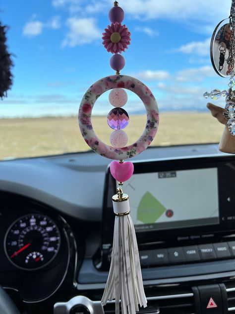 Amethyst Swarovski Crystal Silicone Bead Heart, Flower and Tassel Rearview Mirror Car Charm Window Suncatcher, Mom February Birthday Gift by KrystalKatsMoonBeams on Etsy Window Suncatchers, February Birthday Gifts, Bead Frame, February Birthday, Jam Jar, Crystal Suncatchers, Car Rear View Mirror, Car Charms, Silicone Beads